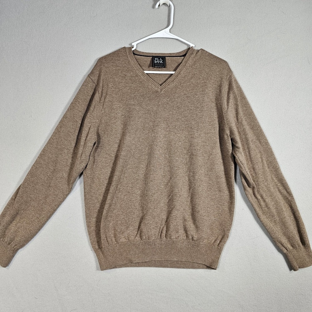 Jos A Bank Traveler V-Neck Sweater Mens Brown Tan Heather Knit Pullover Medium